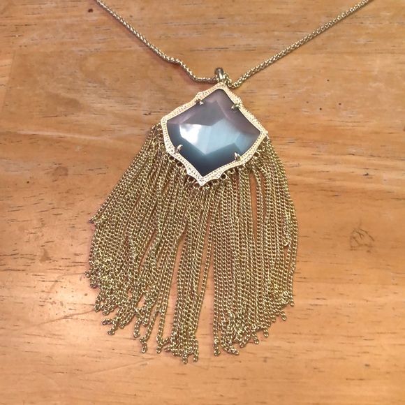 Kendra Scott Kingston Gold Tone Long Pendant Necklace Slate Cats Eye NWT - Picture 6 of 12